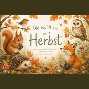 Peut inclure: Illustration de livre pour enfants avec des animaux de la forêt en automne. Un écureuil, un hibou, un renard, une souris, un hérisson et un oiseau sont entourés de feuilles d'automne. Le titre du livre "Die Waldtiere im Herbst" est affiché.