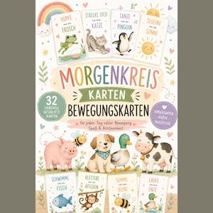Könnte beinhalten: Ein Set aus 32 Bewegungskarten mit dem Titel MORGENKREIS KARTEN BEWEGUNGSKARTEN, die bunte Illustrationen von Tieren wie Frosch, Katze, Pinguin, Sonne, Schwein, Biene, Hund, Ente, Kuh, Fisch und Affe sowie deutsche Anweisungen für Aktivitäten zeigen.