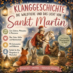 Peut inclure: Une couverture de livre intitulée KLANGGESCHICHTE DIE WALDTIERE UND DAS LICHT VON Sankt Martin illustrant une personne en armure sur un cheval blanc partageant une cape rouge avec une personne en vêtements bruns, entourée d'un renard, lapin, hérisson et hibou.