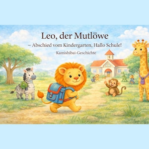 Könnte beinhalten: Kinderbuchillustration mit einem Löwen mit blauem Rucksack, der einen Weg entlanggeht. Ein Zebra, ein Affe und eine Giraffe sind ebenfalls zu sehen. Der Buchtitel lautet "Leo, der Mutlöwe" mit deutschem Text.