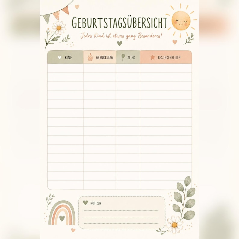May include: A birthday overview chart titled GEBURTSTAGS&Uuml;BERSICHT with the text Jedes Kind ist etwas ganz Besonderes. The grid features columns for child, birthday, age, and special features, decorated with a sun, rainbow, and floral illustrations.