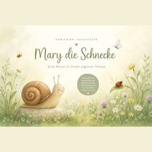 May include: A children's book cover featuring a friendly snail named Mary. The title "Mary die Schnecke" is in large, green script. The illustration includes a bee, butterfly, ladybug, and wildflowers, set against a soft, pastel background.