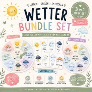 May include: A 3-in-1 weather bundle set featuring a weather wheel, a weather condition circle, and weather cards. The set includes illustrations of sun, clouds, rain, rainbows, wind, snow, and thunderstorms with German text labels.