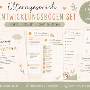 Könnte beinhalten: Ein Set ausdruckbarer Entwicklungsbögen in sanften Farben, mit Illustrationen von Sonne und Regenbogen. Der Text enthält "Elterngespräch ENTWICKLUNGSBÖGEN SET" und "7 BOGEN PDF ZUM AUSDRUCKEN".