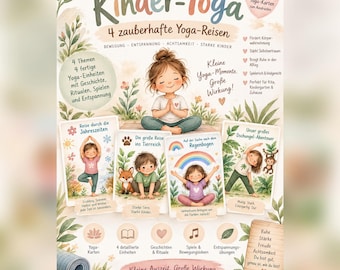 Cartões de Yoga para Crianças em PDF | 4 Sessões de Yoga Prontas para Uso Infantil | Yoga para Jardim de Infância e Creche | Movimento, Atenção Plena, Relaxamento | Histórias de Yoga