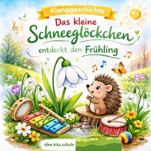 May include: A children's book cover with the title "Das kleine Schneeglöckchen entdeckt den Frühling" in green and yellow. The illustration features a cartoon hedgehog, musical instruments, flowers, and a butterfly in a spring setting.