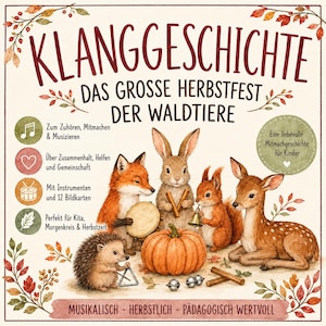 Könnte beinhalten: Ein Buchcover mit dem Titel KLANGGESCHICHTE DAS GROSSE HERBSTFEST DER WALDTIERE, das einen Fuchs, einen Hasen, ein Eichhörnchen, ein Reh und einen Igel zeigt, die um einen Kürbis musizieren, umrahmt von Herbstblättern und Textsymbolen.