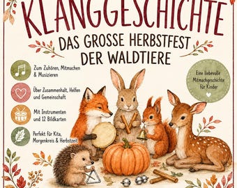 História sonora de animais da floresta no outono com 12 cartões ilustrados | Instrumentos para roda de aula matinal na pré-escola, história musical, festival de outono (PDF)