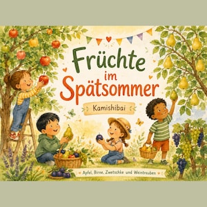 Könnte beinhalten: Illustration eines Kinderbuchcovers mit dem Titel "Früchte im Spätsommer". Das Bild zeigt vier Kinder, die Äpfel, Birnen, Pflaumen und Trauben sammeln. Die Illustration hat eine lebendige Farbpalette und einen verspielten Stil mit bunten Wimpeln.