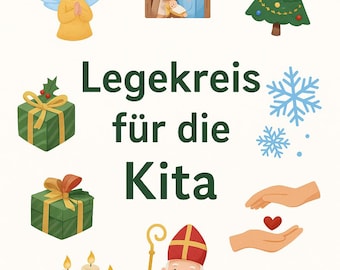 May include: A collection of watercolor illustrations featuring Christmas and religious themes. Includes an angel, nativity scene, Christmas tree, wrapped gifts, snowflakes, hands holding a heart, and St. Nicholas. The text reads "Legekreis für die Kita."