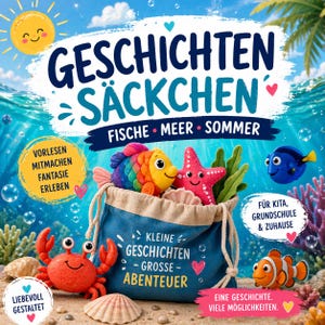 May include: A colourful illustration shows a blue bag filled with plush sea creatures, including a rainbow fish and a pink starfish. A smiling crab, a seashell, and other fish are also present. The image includes German text: "Geschichten Säckchen" and "Fische Meer Sommer".