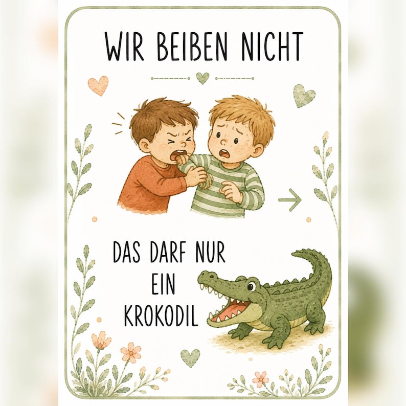 May include: A rectangular poster with a light border featuring two children, one biting the other's arm. Text reads WIR BEIBEN NICHT and DAS DARF NUR EIN KROKODIL. A green crocodile is illustrated below. The design includes small hearts and floral accents.