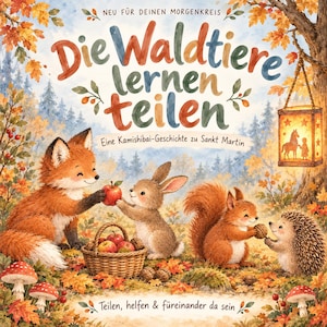 Puede incluir: Una portada de libro infantil titulada Die Waldtiere lernen teilen, Eine Kamishibai-Geschichte zu Sankt Martin, con un zorro, un conejo, una ardilla y un erizo en un bosque otoñal con una cesta de manzanas y un farol.