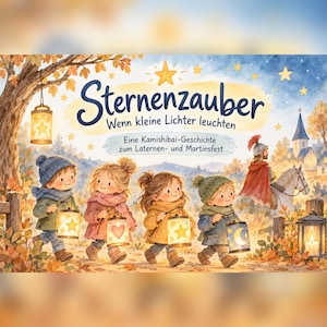 Könnte beinhalten: Eine Aquarellillustration für eine Kamishibai-Geschichte mit dem Titel Sternenzauber Wenn kleine Lichter leuchten Eine Kamishibai-Geschichte zum Laternen- und Martinsfest, die vier Kinder mit leuchtenden Laternen in einer herbstlichen Landschaft und einen Ritter auf einem Pferd zeigt.