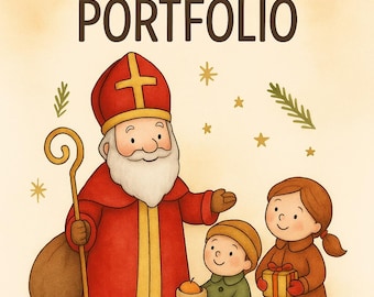 May include: Illustration of Saint Nicholas in a red robe and mitre, holding a staff and a sack, with two children. The image has text that reads "MEIN NIKOLAUS-PORTFOLIO" and "Sofort Download". The style is a watercolor.