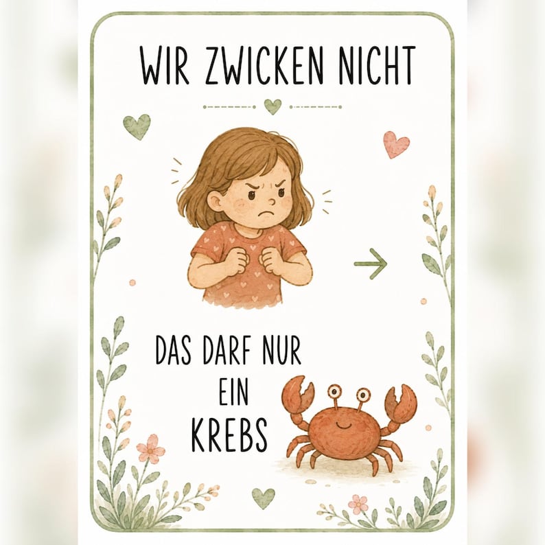 May include: A rectangular poster with a white background and green border featuring a brown-haired child with a stern expression and a small orange crab. The text reads WIR ZWICKEN NICHT and DAS DARF NUR EIN KREBS, surrounded by small hearts and floral sprigs.