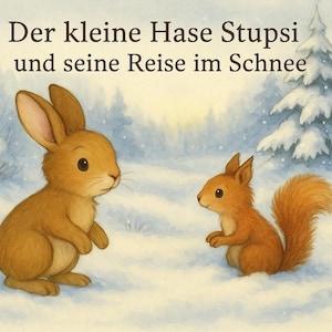 Puede incluir: Ilustración de un conejo marrón y una ardilla en una escena de bosque nevado. El texto en la parte superior dice "Der kleine Hase Stupis und seine Reise im Schnee". Los animales se enfrentan en un paisaje invernal.