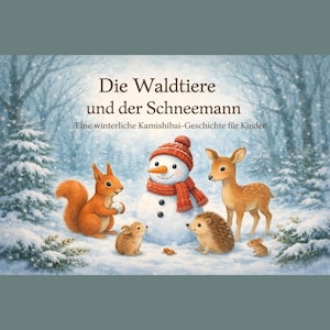 Könnte beinhalten: Kinderbuchcover mit einem Schneemann mit roter Mütze und Schal, umgeben von Waldtieren. Der Titel "Die Waldtiere und der Schneemann" steht über dem Untertitel "Eine winterliche Kamishibai-Geschichte für Kinder."