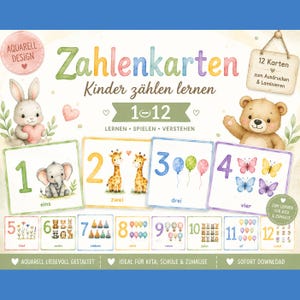 Könnte beinhalten: Ein Set aus Lernkarten mit Aquarell-Illustrationen von Tieren und Objekten. Die Karten zeigen die Zahlen 1 bis 12 mit entsprechenden Mengen. Der Text umfasst 'Zahlenkarten', 'Kinder zählen lernen', '1-12', 'Lernen', 'Spielen', 'Verstehen'.