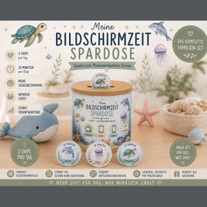 May include: A cylindrical container labeled Meine BILDSCHIRMZEIT SPARDOSE with a wooden lid and slot. It features illustrations of sea creatures like turtles, dolphins, and jellyfish. Includes circular tokens, a plush whale, and a small woven basket.
