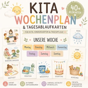 Może przedstawiać: Zestaw kart edukacyjnych zatytułowany KITA WOCHENPLAN & TAGESABLAUFKARTEN z pastelowymi ilustracjami codziennych czynności, takich jak czytanie, zabawa, jedzenie i sprzątanie. Zawiera nazwy dni tygodnia oraz ikony pogody.