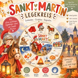 以下が含まれることがあります： SANKT MARTIN LEGEKREISというタイトルの円形教育ゲームボード。馬、ランタン、剣、兜、ガチョウ、教会のイラストが描かれています。ボードにはドイツ語のテキストラベルと、馬に乗った人物の中央画像が含まれています。