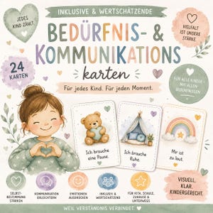 Könnte beinhalten: Ein Set aus 24 inklusiven Kommunikationskarten mit einer gezeichneten Figur, die ein Herz mit den Händen formt. Die Karten zeigen Illustrationen eines Teddybären, eines Tipis und eines Regenbogens mit deutschem Text in sanften Pastelltönen.