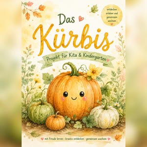Könnte beinhalten: Ein Buchcover mit dem Titel Das Kürbis Projekt für Kita & Kindergarten, das eine große, lächelnde orangefarbene Kürbisfigur in der Mitte zeigt, umgeben von kleineren grünen und weißen Kürbissen, Herbstblättern und Blumen im Aquarellstil.