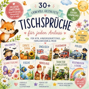 May include: A digital printable collection titled TISCHSPRÜCHE featuring over 30 watercolour illustrations of themes like Halloween, harvest, fire trucks, police, butterflies, fish, Santa Claus, tractors, and rainbows with a cute fox character.
