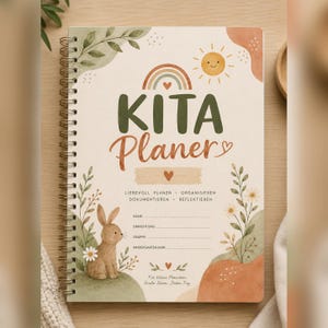 May include: A spiral-bound planner with a cream cover featuring a watercolor illustration of a brown rabbit, green foliage, a rainbow, and a sun. The text reads KITA Planer, LIEBEVOLL PLANEN, ORGANISIEREN, DOKUMENTIEREN, REFLEKTIEREN, NAME, EINRICHTUNG, GRUPPE, KINDERGARTENJAHR.