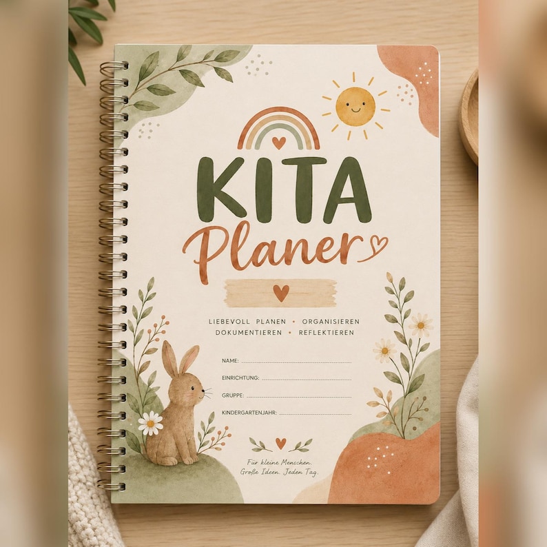 May include: A spiral-bound planner with a cream cover featuring a watercolor illustration of a brown rabbit, green foliage, a rainbow, and a sun. The text reads KITA Planer, LIEBEVOLL PLANEN, ORGANISIEREN, DOKUMENTIEREN, REFLEKTIEREN, NAME, EINRICHTUNG, GRUPPE, KINDERGARTENJAHR.