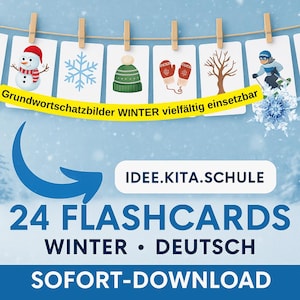 Könnte beinhalten: Werbebild für 24 Winter-Lernkarten auf Deutsch. Das Bild zeigt illustrierte Karten mit einem Schneemann, Schneeflocke, Mütze, Fäustlingen, Baum und Skifahrer, die mit Wäscheklammern befestigt sind. Text enthält "IDEE.KITA.SCHULE" und "SOFORT-DOWNLOAD".