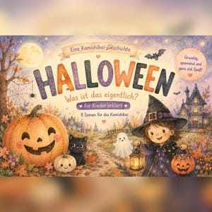 Może przedstawiać: Karta do opowiadania Kamishibai zatytułowana Halloween: Was ist das eigentlich? przedstawiająca dużą pomarańczową dynię, czarnego kota, duszka oraz dziecko w stroju czarownicy z latarnią i wiaderkiem w kształcie dyni w kolorowej jesiennej scenerii.