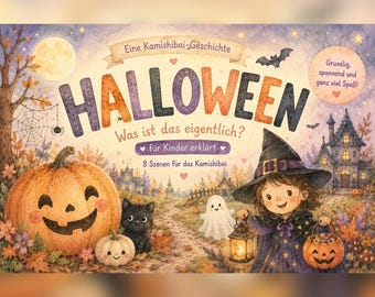 Halloween Kamishibai | 8 Cartões Ilustrados | Halloween Explicado de Forma Amigável para Crianças | Creche, Jardim de Infância, Pré-escola | História de Outono | Fantasias e Abóboras
