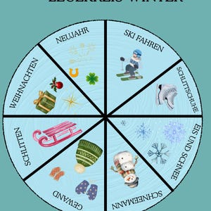 Puede incluir: Un gráfico circular con el texto "LEGEKREIS WINTER" e ilustraciones que representan actividades y festividades de invierno. Incluye imágenes de un muñeco de nieve, patines de hielo y un trineo.