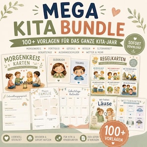 Pode incluir: Um pacote de recursos educativos digitais intitulado MEGA KITA BUNDLE contendo mais de 100 modelos imprimíveis para pré-escolas. A coleção inclui cartões para círculos matinais, emoções, regras, aniversários, clima e família com ilustrações.
