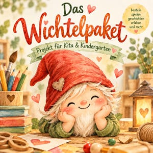 Pode incluir: Uma capa de livro intitulada Das Wichtelpaket com uma ilustração em aguarela de um gnomo com gorro vermelho e barba branca, apoiando o queixo nas mãos. A cena inclui lápis de cor, uma lanterna e pequenos corações decorativos.