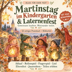 Może przedstawiać: Okładka książki zatytułowana Martinstag im Kindergarten & Laternenfest z ilustracją czworga dzieci w zimowych ubraniach trzymających świecące lampiony w kształcie księżyca i serca oraz postacią na koniu w tle.