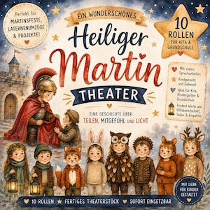 Könnte beinhalten: Ein Buchcover mit dem Titel Heiliger Martin Theater, das eine Illustration des Heiligen Martin zeigt, der seinen roten Mantel teilt, umgeben von Kindern in Tierkostümen, Sternen und Text, der 10 Rollen für Theaterstücke beschreibt.