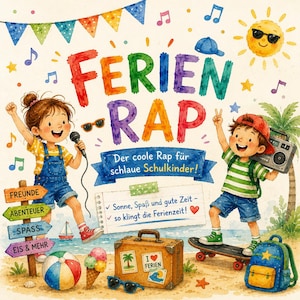 Pode incluir: Ilustração colorida para uma capa de livro infantil. O título "FERIEN RAP" é exibido em cores vibrantes. Uma menina canta, e um menino segura um boombox. A cena inclui uma mala, sorvete e uma bola de praia.