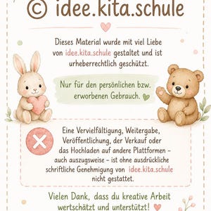 May include: A decorative informational sign featuring a watercolor bunny holding a heart and a teddy bear. The text reads idee.kita.schule, along with German copyright and usage instructions. The design includes a rainbow, leaves, and hearts.