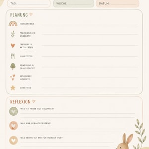 May include: A daily planner sheet titled TAGESPLANUNG with sections for planning and reflection. It features a sun, a rabbit, and botanical illustrations. The layout includes lines for notes, dates, and weekly schedules with icons like rainbows, hearts, and trees.