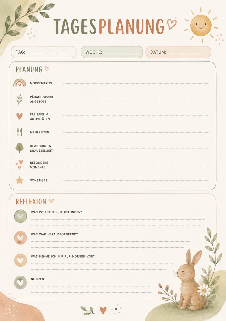 May include: A daily planner sheet titled TAGESPLANUNG with sections for planning and reflection. It features a sun, a rabbit, and botanical illustrations. The layout includes lines for notes, dates, and weekly schedules with icons like rainbows, hearts, and trees.