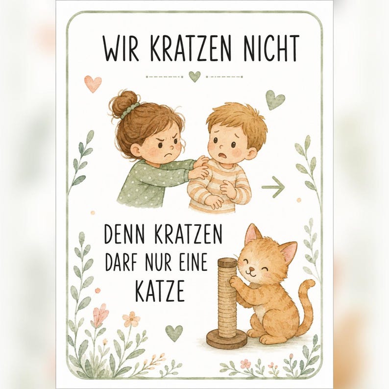 May include: A rectangular poster featuring a brown-haired child scolding a blonde child, with the German text WIR KRATZEN NICHT and DENN KRATZEN DARF NUR EINE KATZE. Below, an orange tabby cat scratches a cylindrical post, surrounded by floral motifs.