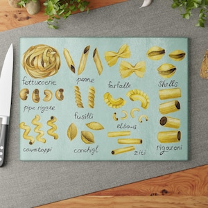 Puede incluir: Tabla de cortar rectangular con fondo azul claro. Presenta ilustraciones en acuarela de varias formas de pasta, como fettuccine, penne y farfalle. Cada tipo de pasta está etiquetado con su nombre en escritura a mano.