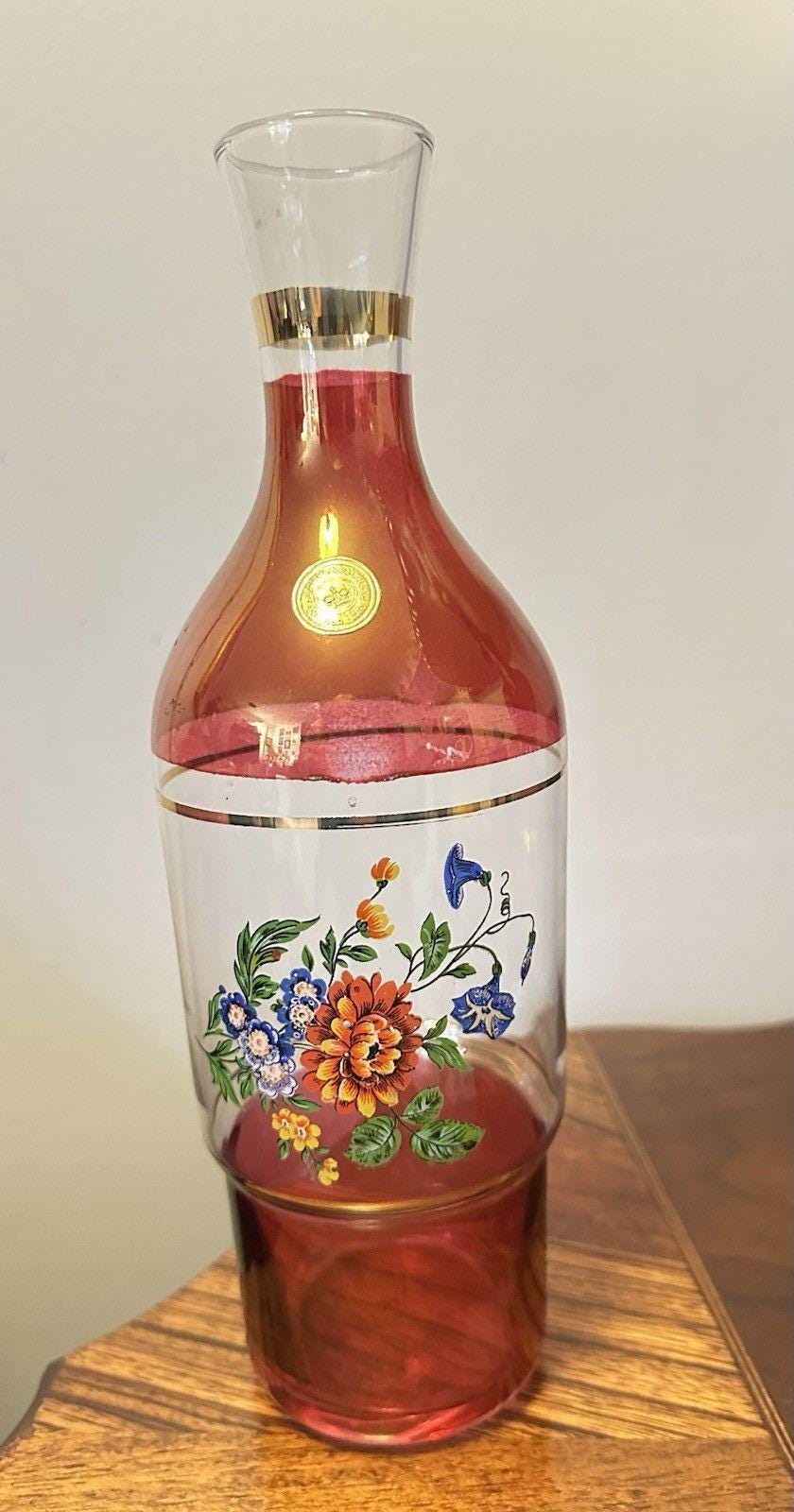 ガラス製デキャンタ 花模様 VNTG ルビーフラッシュハンドカットガラスデキャンタ 花柄デザイン