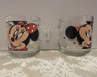 VNTG Anchor Hocking - 2 tasses à café en verre transparent Mickey et Minnie Mouse Disney