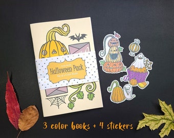 Set of 3 Halloween color books | bundle Halloween pack | 4 handmade stickers| by Grelin Machin