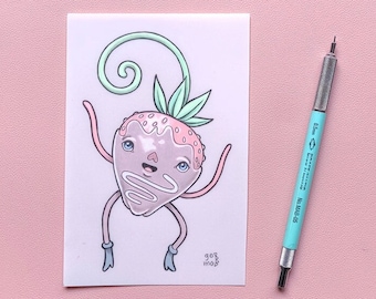 Small original art on paper | 4x6 drawing | Chocolate Dipped Strawberry by Grelin Machin | perfect for nursery or child's room