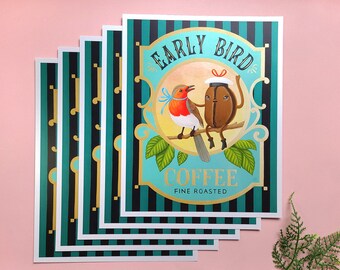 8x10 Small art print | Robin and coffee | Early bird Coffee by Grelin Machin